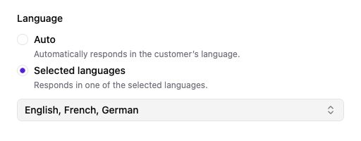 Agent language settings with Auto and Selected languages, and English, French, and German selected.