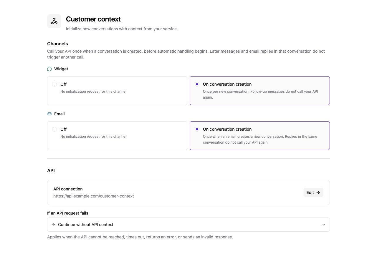 Customer context settings with Widget and Email enabled, a sample API connection, and the failure behavior selector.