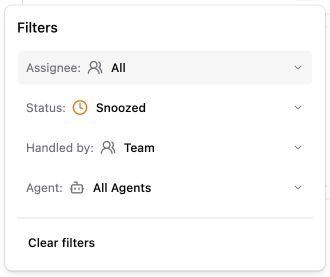 Inbox Filters menu showing Assignee, Status, Handled by, Agent, and Clear filters.