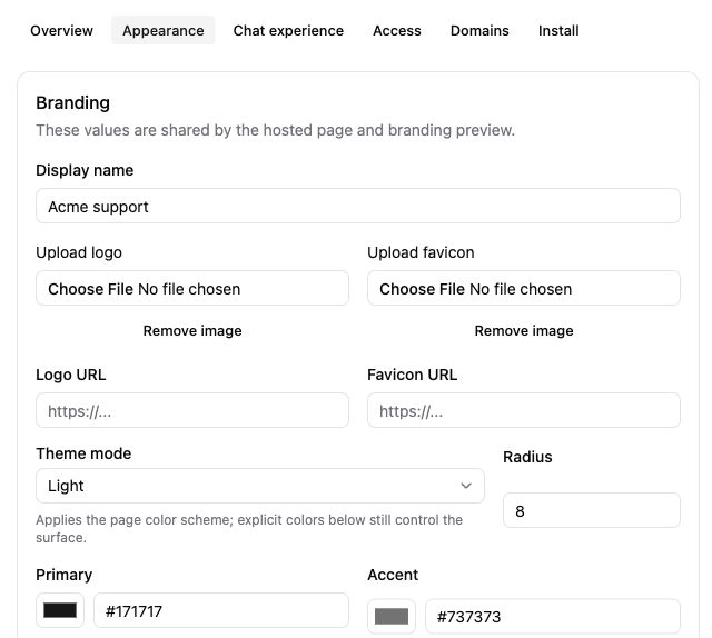 Page Appearance settings with display name, logo and favicon uploads, theme mode, radius, and colors.