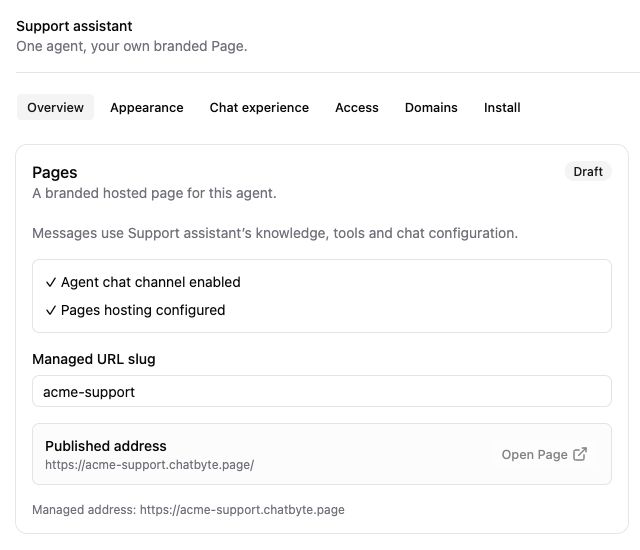 Pages Overview showing navigation, agent readiness, managed URL slug, and published address.