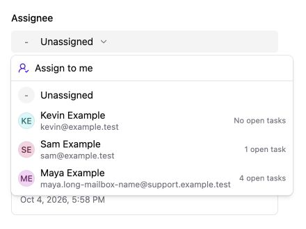 The task Assignee menu with Assign to me, Unassigned, and example teammates with their open task counts.
